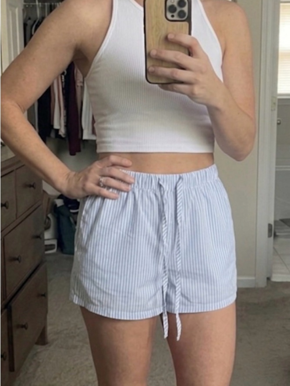 SHEIN Light Blue & White Striped Drawstring Athletic Shorts